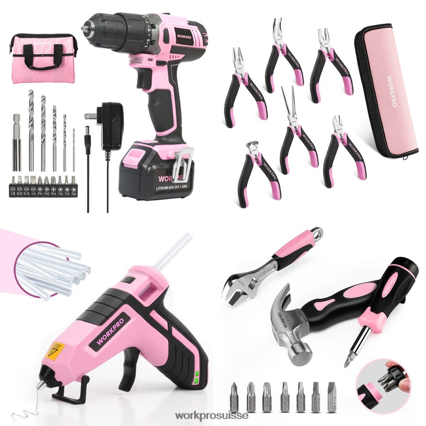 Ensemble de perceuse-visseuse sans fil 20 V, mini pinces 6 pièces, kit d'outils 10 pièces et pistolet à colle sans fil Z2LXTF316 rose WORKPRO outil