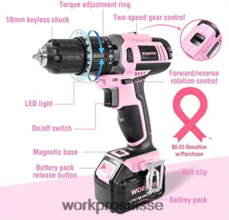 Ensemble de perceuse-visseuse sans fil 20 V, mini pinces 6 pièces, kit d'outils 10 pièces et pistolet à colle sans fil Z2LXTF316 rose WORKPRO outil