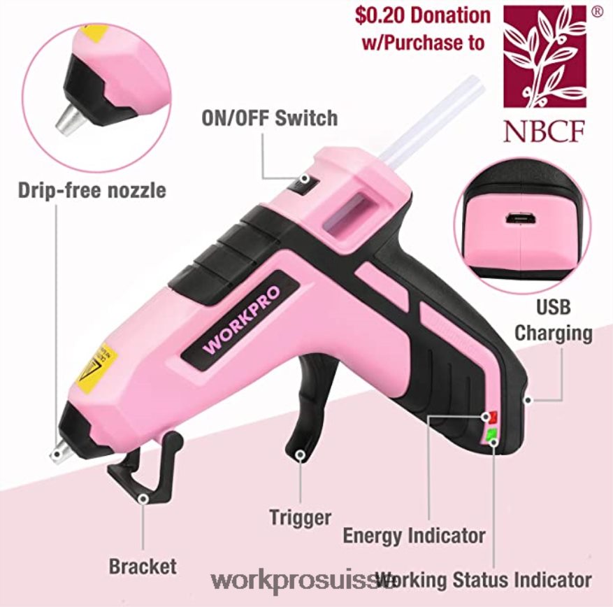 Ensemble de perceuse-visseuse sans fil 20 V, mini pinces 6 pièces, kit d'outils 10 pièces et pistolet à colle sans fil Z2LXTF316 rose WORKPRO outil