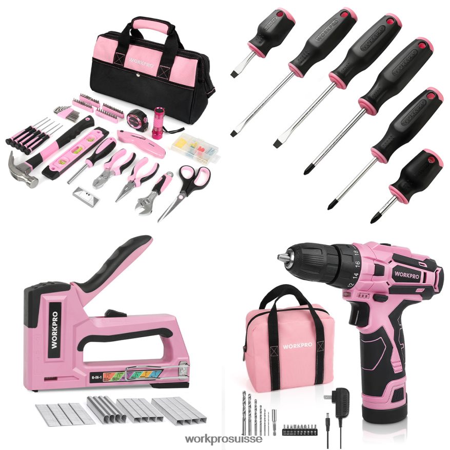 Kit d'outils 106 pièces, tournevis magnétiques 6 pièces, kit de perceuse sans fil 12v et agrafeuse 6 en 1 Z2LXTF312 rose WORKPRO outil