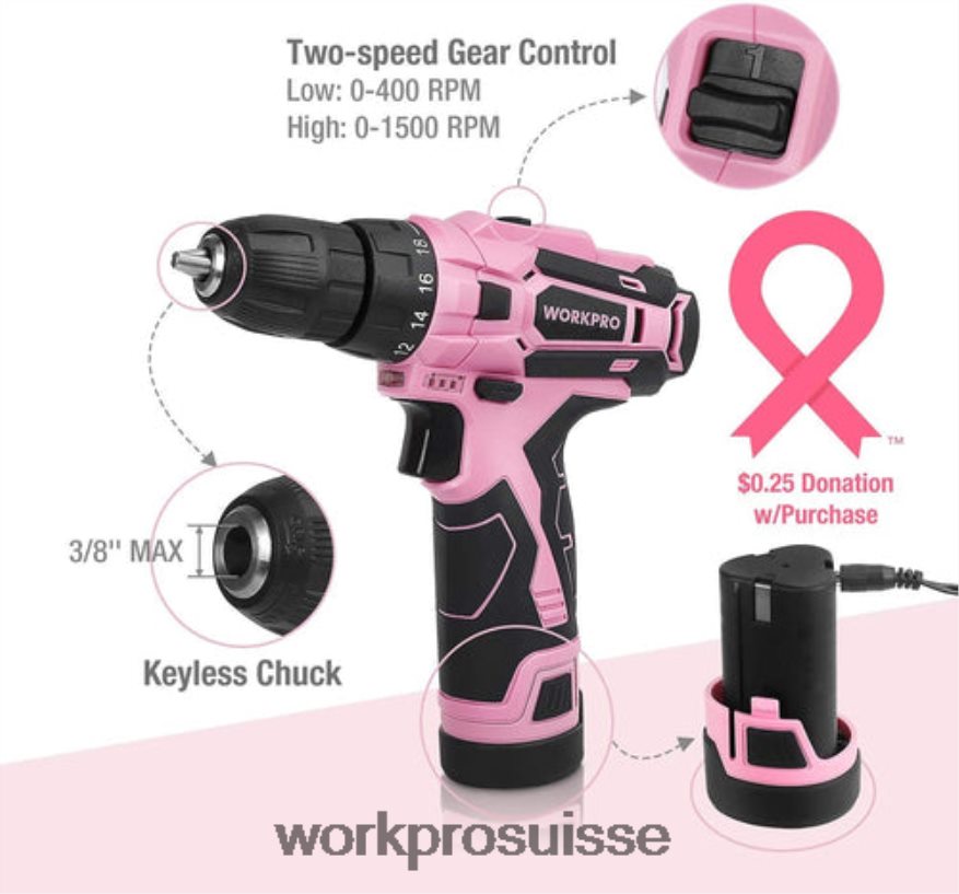 Kit d'outils 106 pièces, tournevis magnétiques 6 pièces, kit de perceuse sans fil 12v et agrafeuse 6 en 1 Z2LXTF312 rose WORKPRO outil
