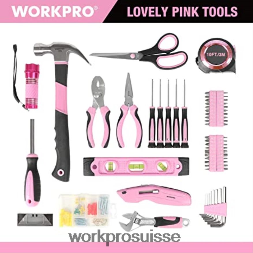 Kit d'outils 106 pièces, tournevis magnétiques 6 pièces, kit de perceuse sans fil 12v et agrafeuse 6 en 1 Z2LXTF312 rose WORKPRO outil
