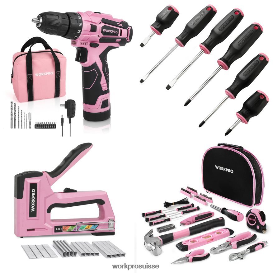 Kit de perceuse sans fil 12 V, kit d'outils de 103 pièces, jeu de 8 tournevis magnétiques et agrafeuse 6 en 1 Z2LXTF315 rose WORKPRO outil