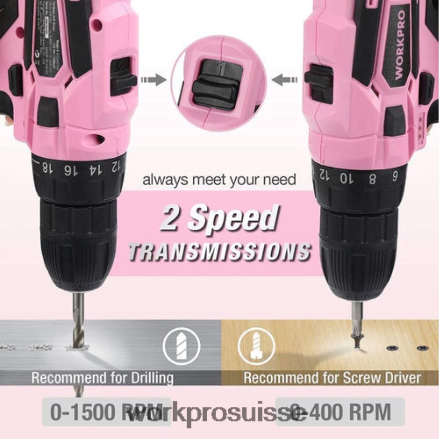 Kit de perceuse sans fil 12 V, kit d'outils de 103 pièces, jeu de 8 tournevis magnétiques et agrafeuse 6 en 1 Z2LXTF315 rose WORKPRO outil