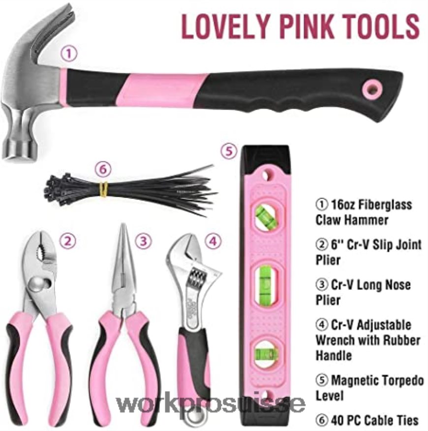 Kit de perceuse sans fil 12 V, kit d'outils de 103 pièces, jeu de 8 tournevis magnétiques et agrafeuse 6 en 1 Z2LXTF315 rose WORKPRO outil