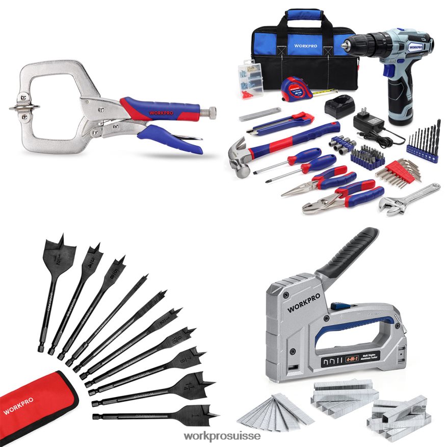Pince faciale, perceuse sans fil 12v et kit d'outils domestiques, jeu de 10 forets professionnels et agrafeuse 4 en 1 robuste Z2LXTF318 utile WORKPRO outil