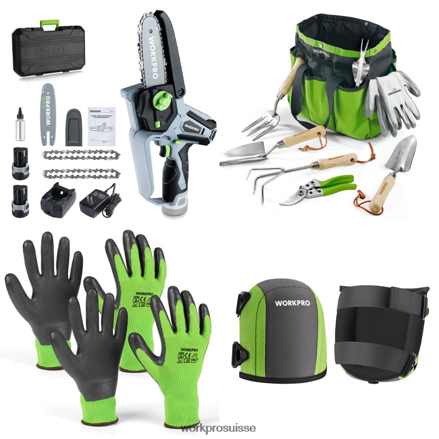 Scie à chaîne sans fil, ensemble d'outils de jardinage de 7 pièces, 2 paires de gants de jardinage et genouillères de jardinage. Z2LXTF314 utile WORKPRO outil