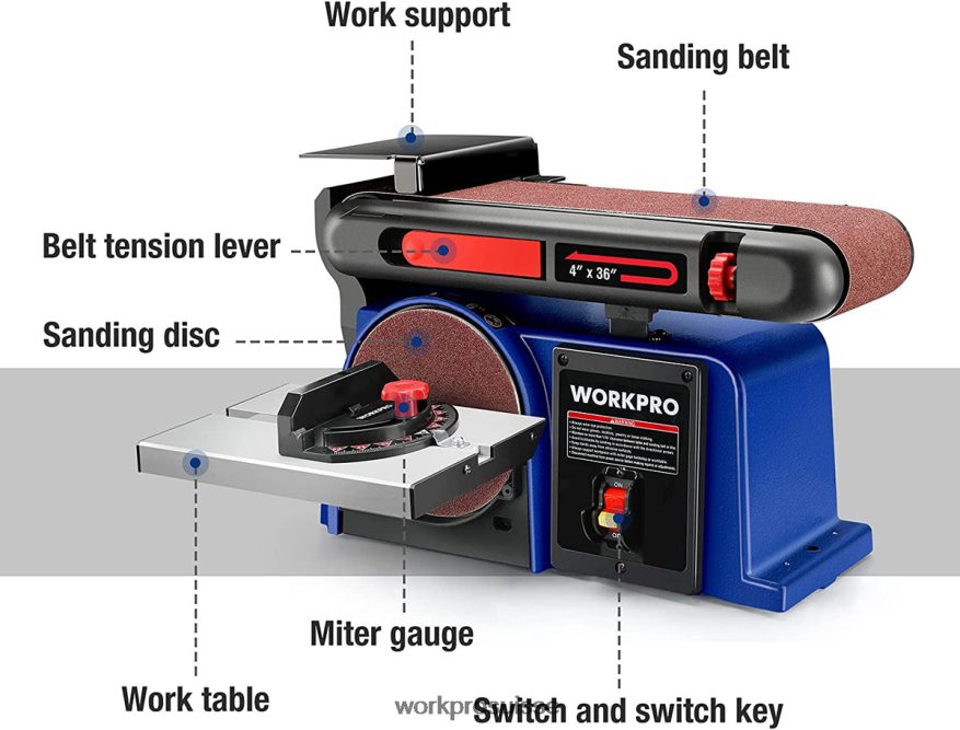 ponceuse à disque à bande, ponceuse à bande de 4 po x 36 po et ponceuse à disque de 6 po avec 6 papiers de verre, base en fonte pour le ponçage du travail du bois Z2LXTF235 utile WORKPRO outil