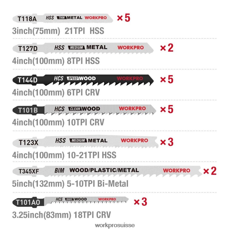 Ensemble de 25 lames de scie sauteuse à tige en T avec étui de rangement Z2LXTF210 utile WORKPRO outil