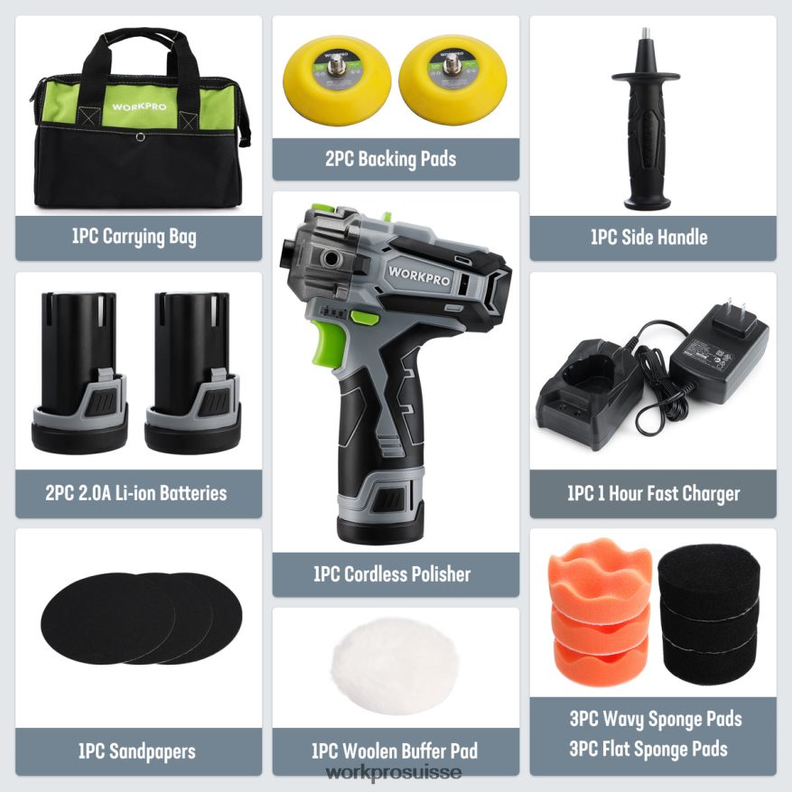 Polisseuse sans fil 12 V, mini tampon de détail de voiture et kit de ponceuse avec 2 batteries Li-ion Z2LXTF229 utile WORKPRO outil