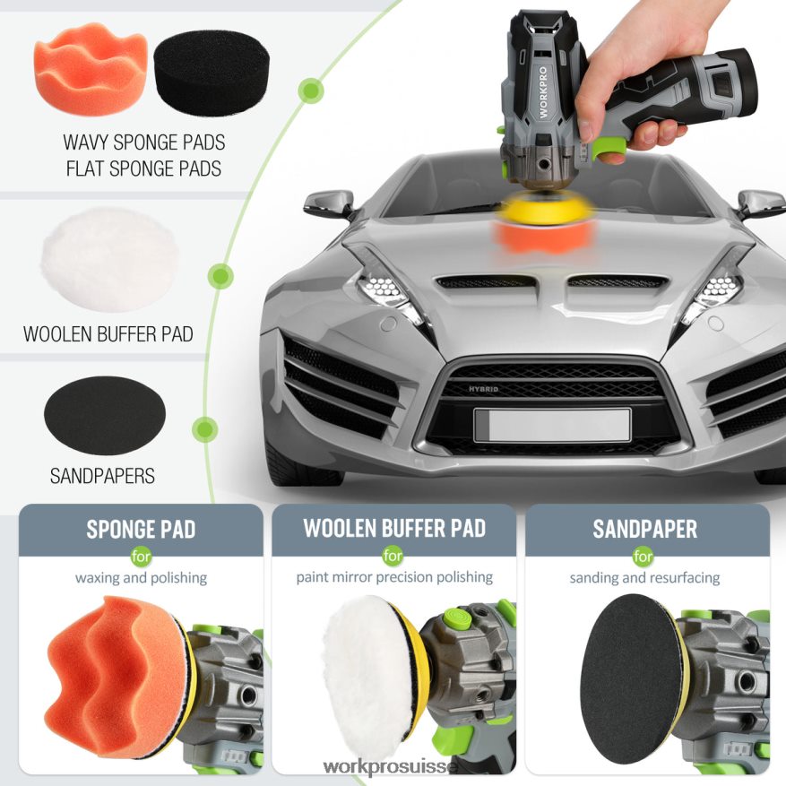 Polisseuse sans fil 12 V, mini tampon de détail de voiture et kit de ponceuse avec 2 batteries Li-ion Z2LXTF229 utile WORKPRO outil