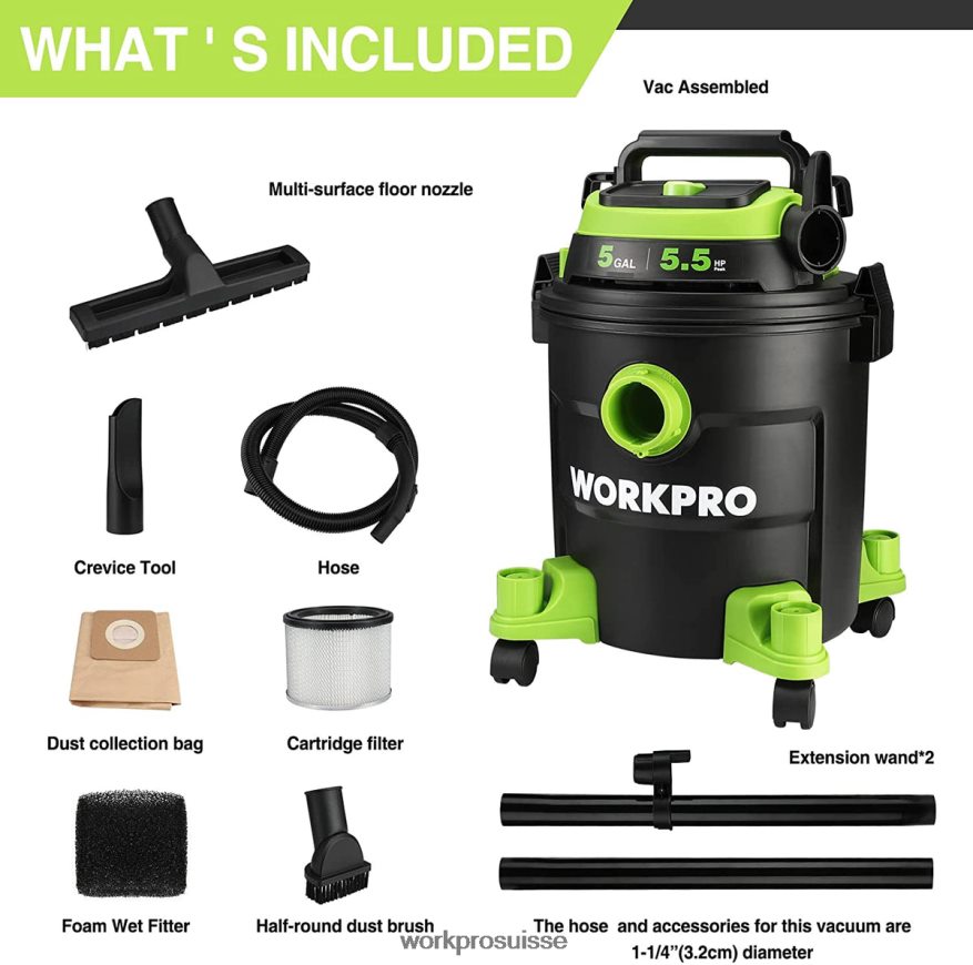Aspirateur d'atelier de 5 gallons, aspirateur d'atelier d'une puissance maximale de 5,5 chevaux avec filtre HEPA, tuyau et accessoires Z2LXTF214 morden WORKPRO outil