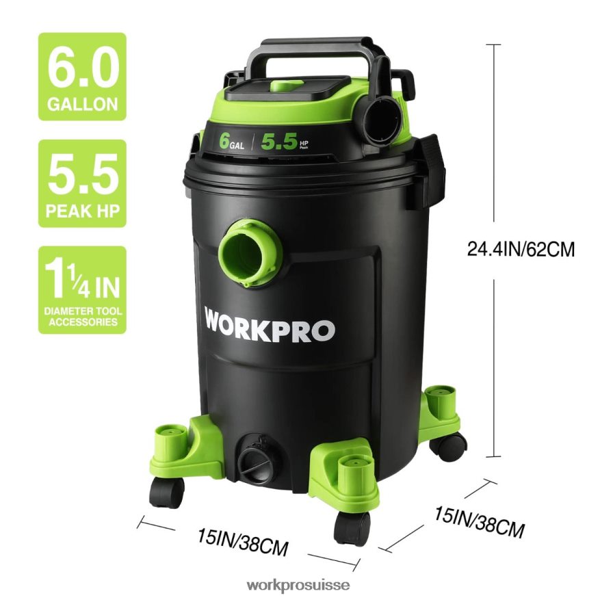 Aspirateur d'atelier de 6 gallons, aspirateur d'atelier de 5,5 chevaux de puissance maximale avec tuyau de filtre hepa et accessoires Z2LXTF215 utile WORKPRO outil