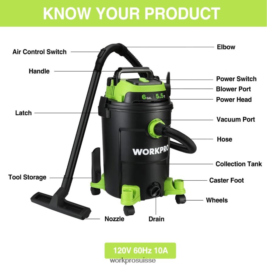 Aspirateur d'atelier de 6 gallons, aspirateur d'atelier de 5,5 chevaux de puissance maximale avec tuyau de filtre hepa et accessoires Z2LXTF215 utile WORKPRO outil