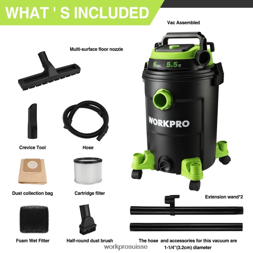 Aspirateur d'atelier de 6 gallons, aspirateur d'atelier de 5,5 chevaux de puissance maximale avec tuyau de filtre hepa et accessoires Z2LXTF215 utile WORKPRO outil