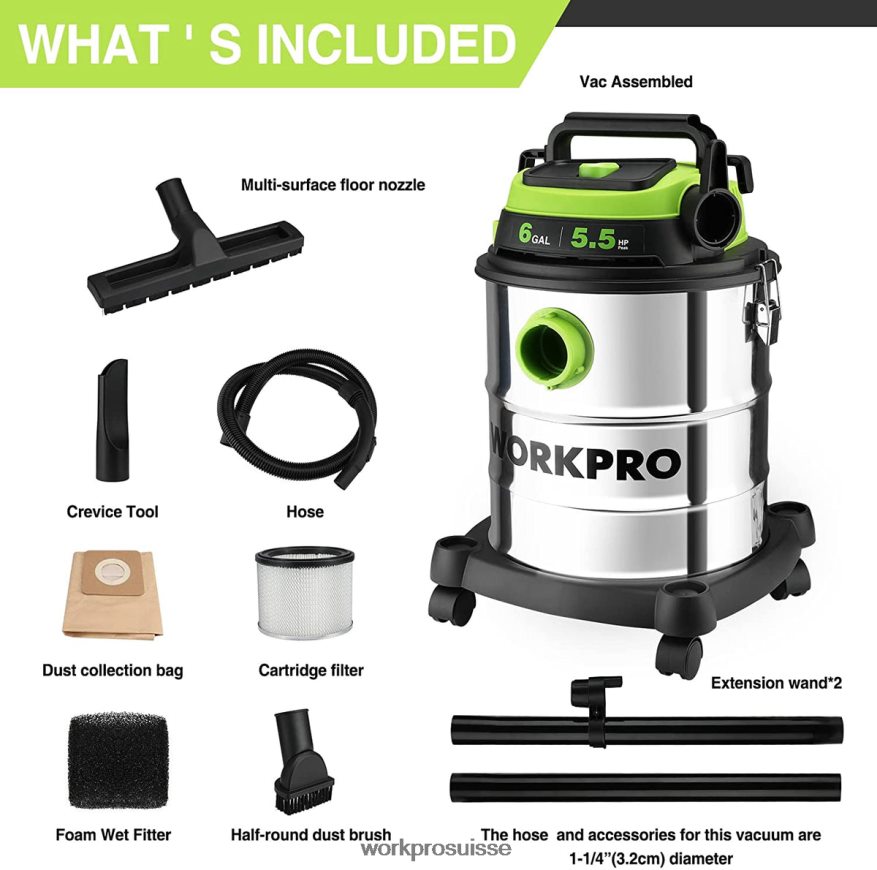 Aspirateur d'atelier sec/humide de 6 gallons avec filtre Hepa, tuyau et accessoires pour la collecte de poussière à la maison/sur chantier Z2LXTF213 morden WORKPRO outil