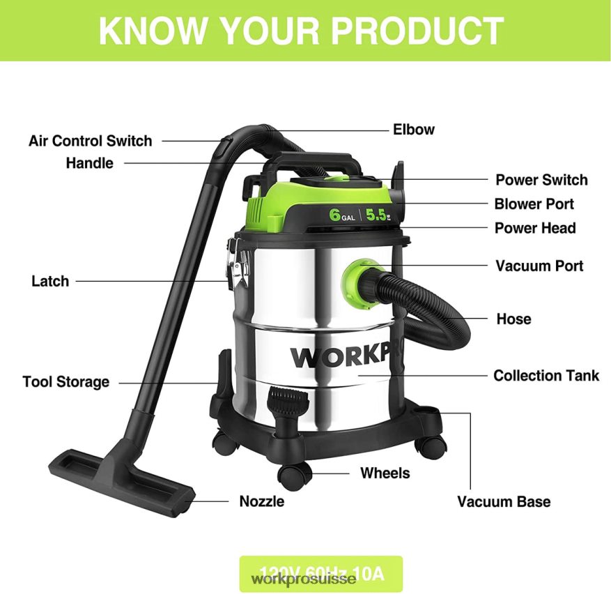 Aspirateur d'atelier sec/humide de 6 gallons avec filtre Hepa, tuyau et accessoires pour la collecte de poussière à la maison/sur chantier Z2LXTF213 morden WORKPRO outil