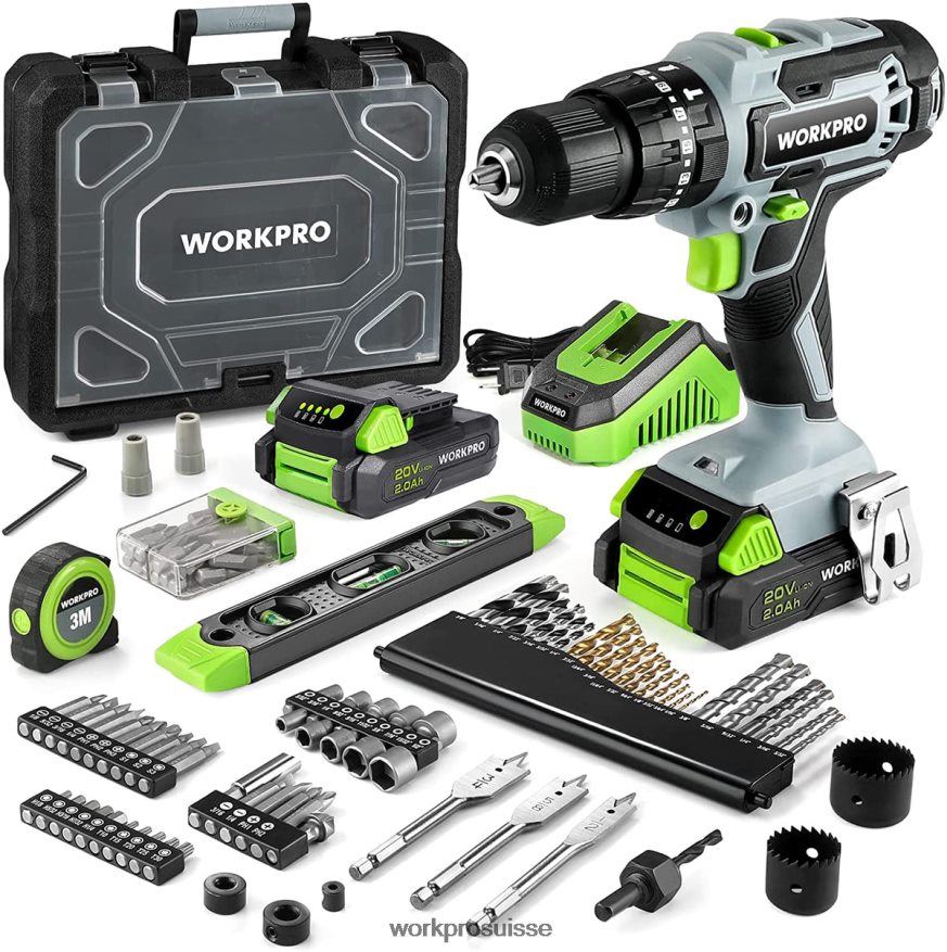 Ensemble de perceuse-visseuse sans fil 20 V max, perceuse à percussion électrique avec 102 accessoires, 2 batteries Li-ion 2,0 Ah avec chargeur rapide Z2LXTF170 utile WORKPRO outil