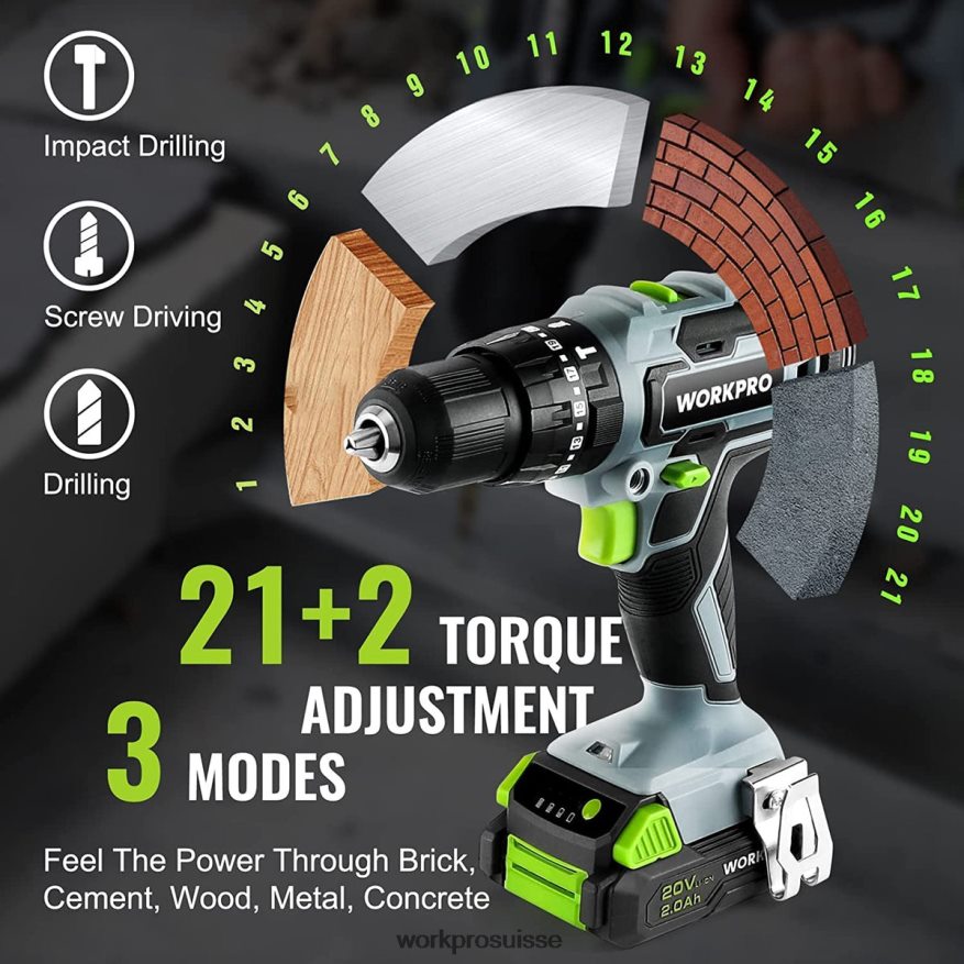 Ensemble de perceuse-visseuse sans fil 20 V max, perceuse à percussion électrique avec 102 accessoires, 2 batteries Li-ion 2,0 Ah avec chargeur rapide Z2LXTF170 utile WORKPRO outil