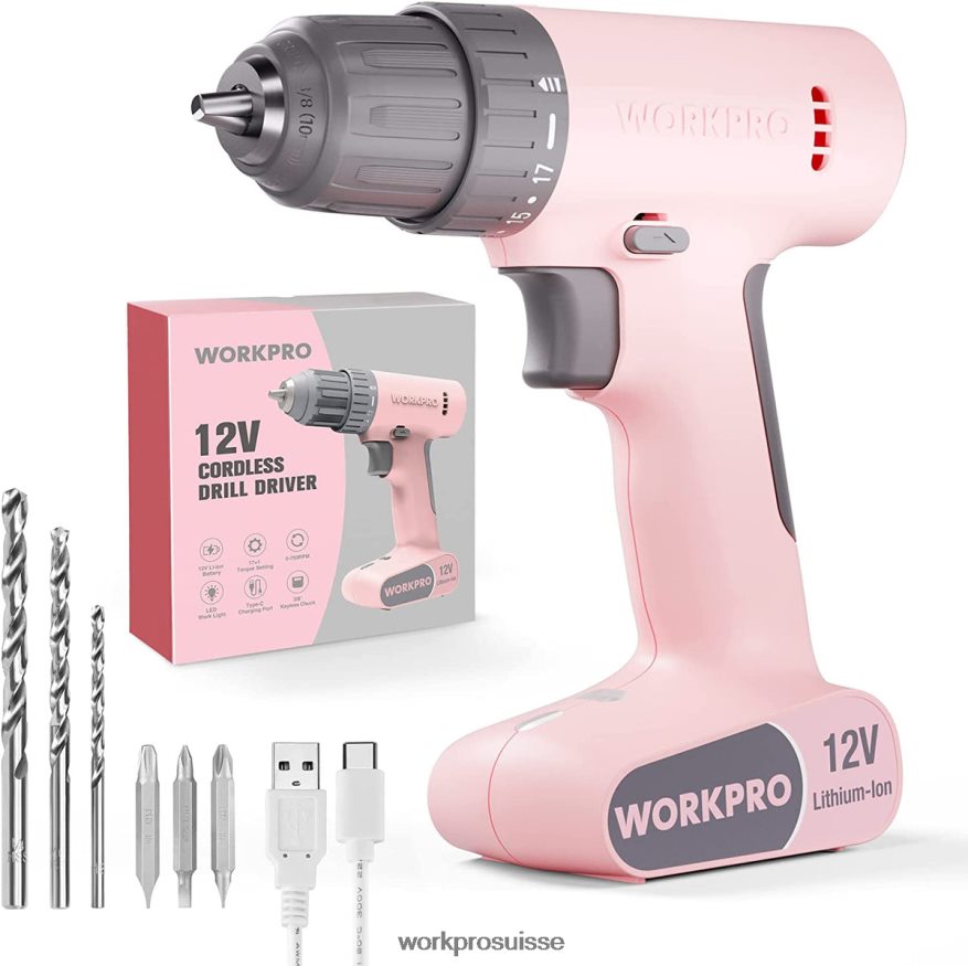 Ensemble perceuse-visseuse sans fil 12 V avec 6 embouts, mandrin sans clé 3/8", vitesse variable, réglage 18 touches Z2LXTF175 rose/blanc WORKPRO outil