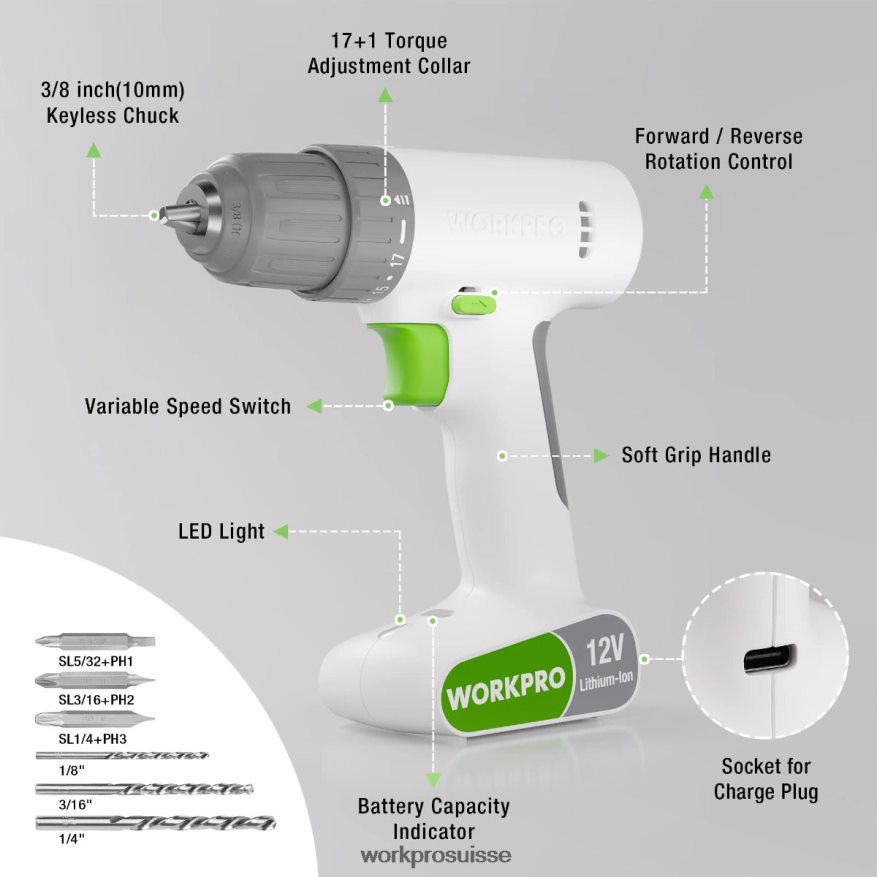 Ensemble perceuse-visseuse sans fil 12 V avec 6 embouts, mandrin sans clé 3/8