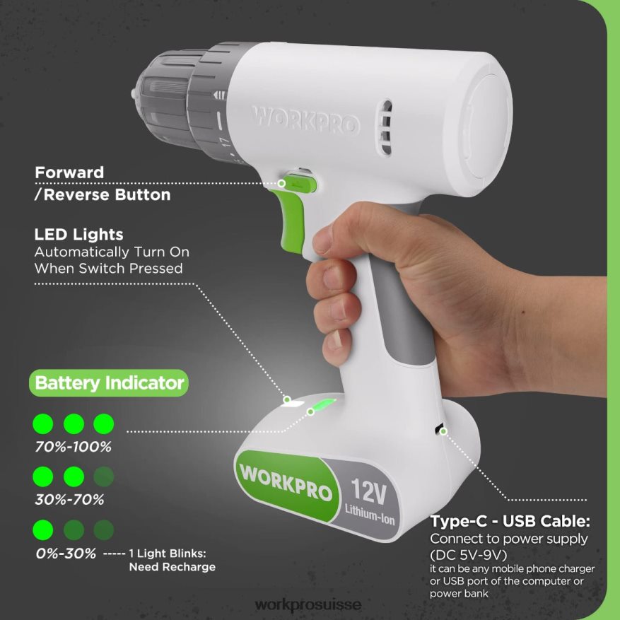 Ensemble perceuse-visseuse sans fil 12 V avec 6 embouts, mandrin sans clé 3/8