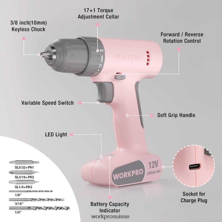 Ensemble perceuse-visseuse sans fil 12 V avec 6 embouts, mandrin sans clé 3/8