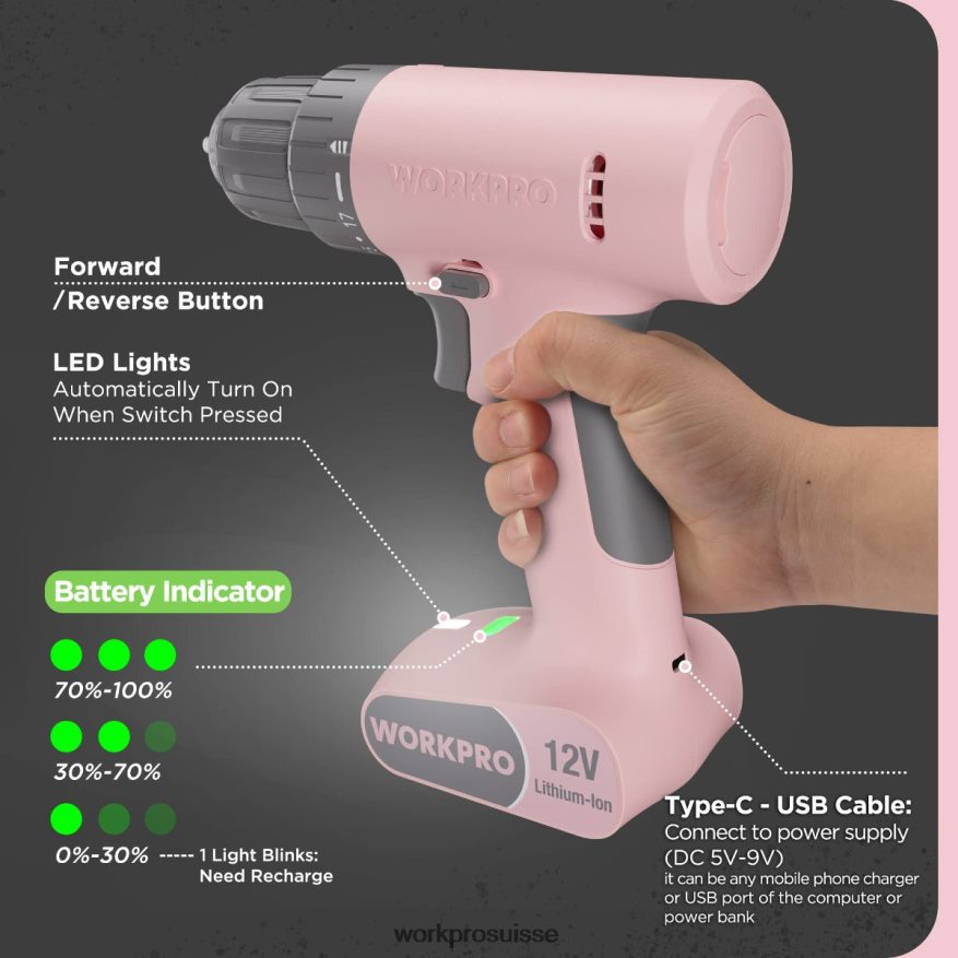 Ensemble perceuse-visseuse sans fil 12 V avec 6 embouts, mandrin sans clé 3/8
