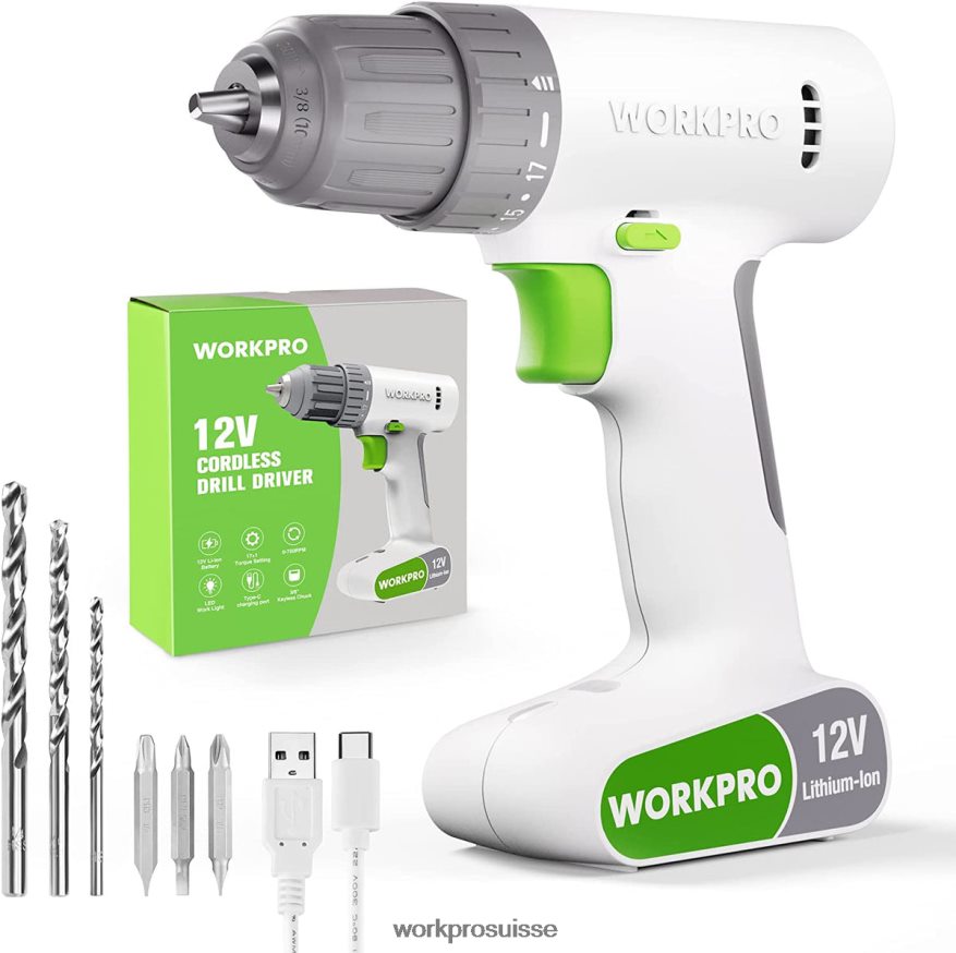 Ensemble perceuse-visseuse sans fil 12 V avec 6 embouts, mandrin sans clé 3/8