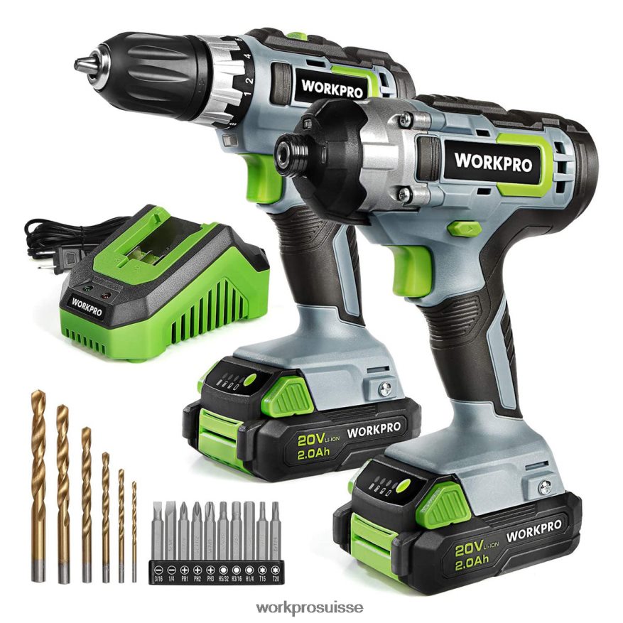 Kit combiné perceuse sans fil 20 V, perceuse-visseuse et visseuse à percussion avec 2 batteries 2,0 Ah et chargeur rapide 1 heure Z2LXTF169 utile WORKPRO outil