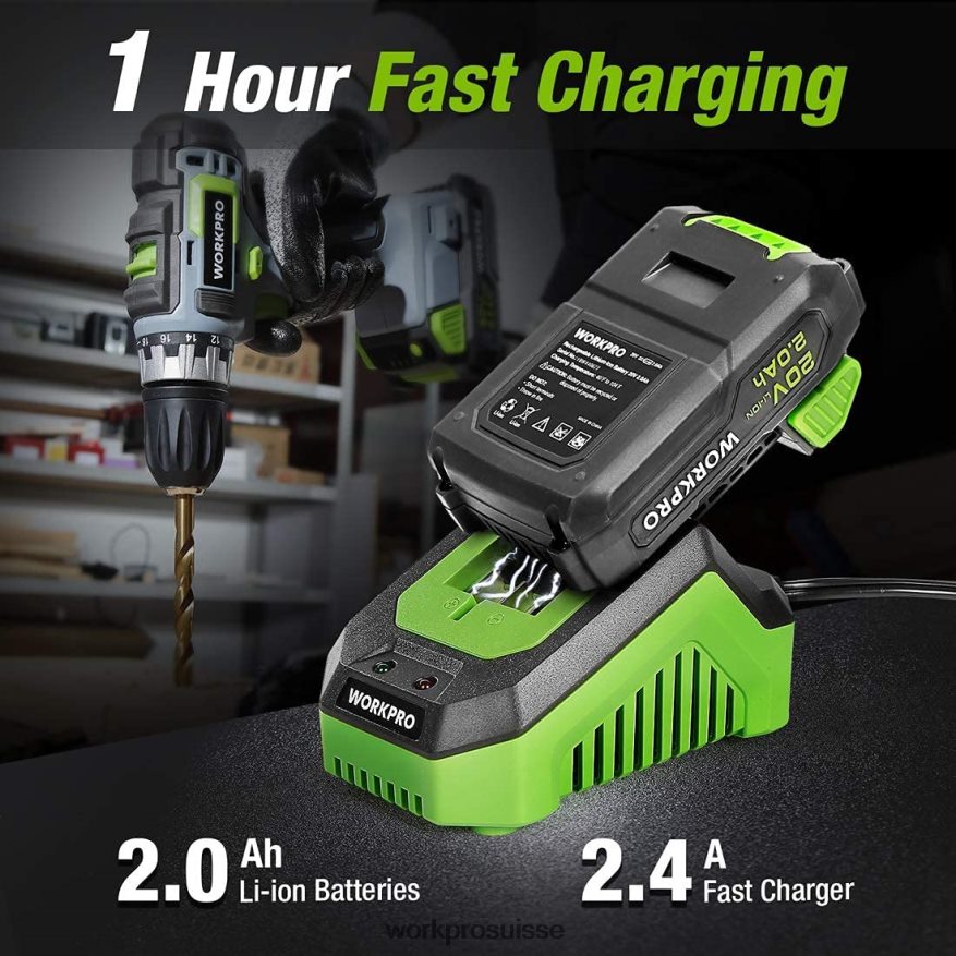 Kit combiné perceuse sans fil 20 V, perceuse-visseuse et visseuse à percussion avec 2 batteries 2,0 Ah et chargeur rapide 1 heure Z2LXTF169 utile WORKPRO outil
