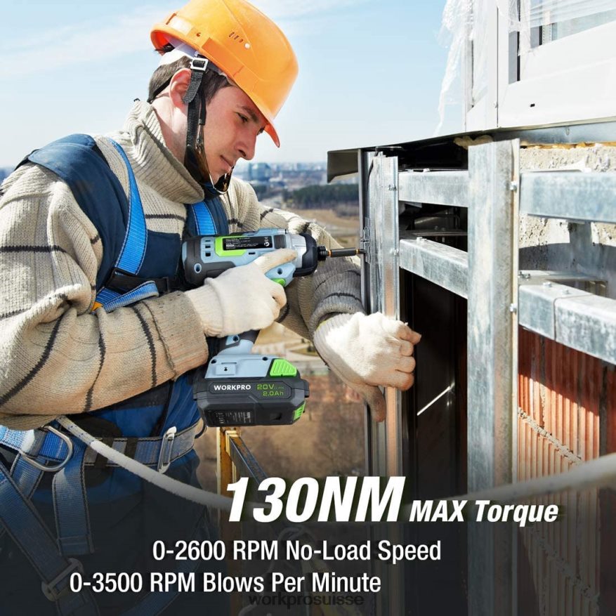 Kit combiné perceuse sans fil 20 V, perceuse-visseuse et visseuse à percussion avec 2 batteries 2,0 Ah et chargeur rapide 1 heure Z2LXTF169 utile WORKPRO outil