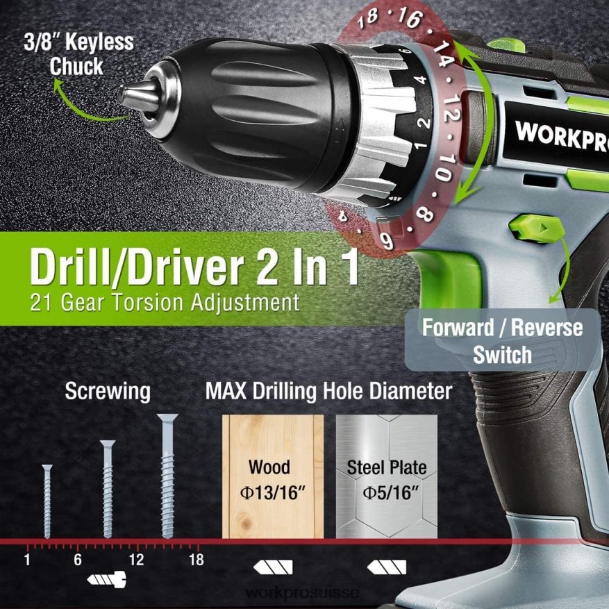 Kit combiné perceuse sans fil 20 V, perceuse-visseuse et visseuse à percussion avec 2 batteries 2,0 Ah et chargeur rapide 1 heure Z2LXTF169 utile WORKPRO outil