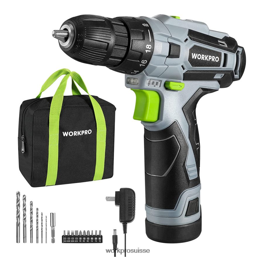 Kit perceuse-visseuse électrique sans fil 12v, mandrin sans clé, chargeur et sac de rangement inclus Z2LXTF177 vert WORKPRO outil