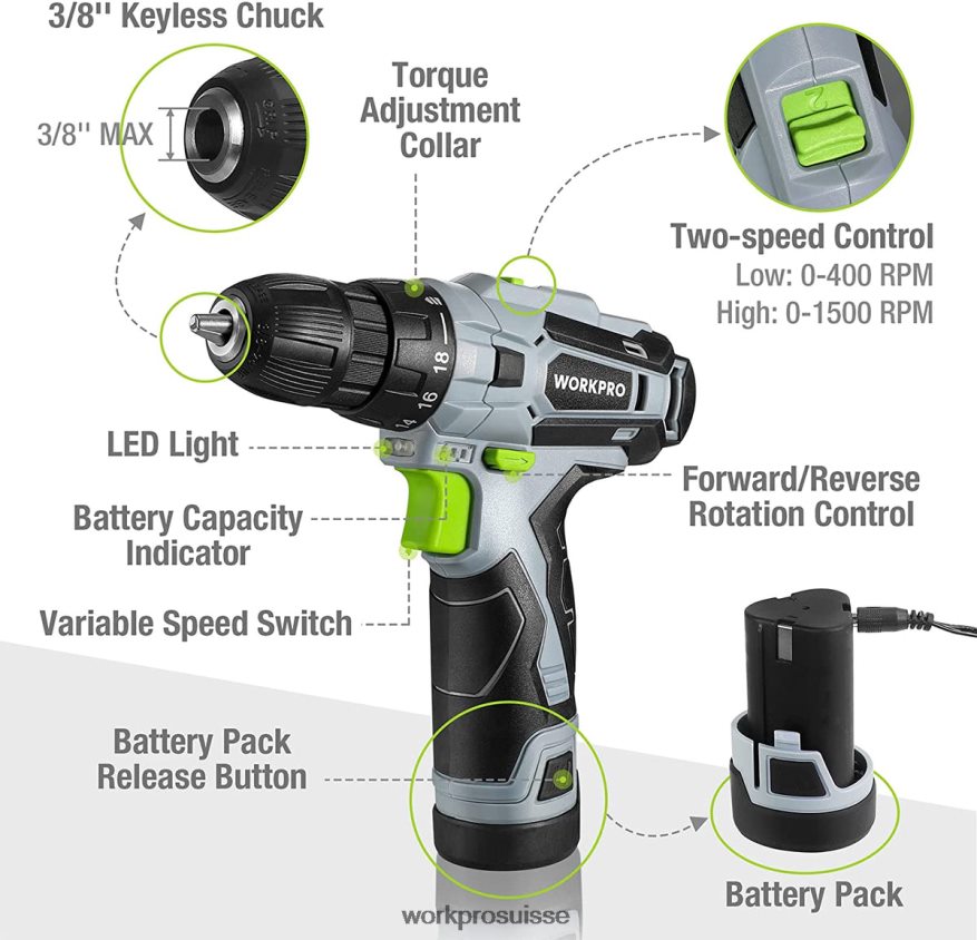 Kit perceuse-visseuse électrique sans fil 12v, mandrin sans clé, chargeur et sac de rangement inclus Z2LXTF177 vert WORKPRO outil