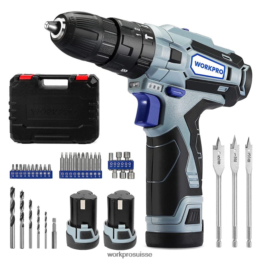 Kit perceuse-visseuse sans fil 12v 2 vitesses, 2 batteries li-ion 2000 mah et chargeur rapide Z2LXTF168 morden WORKPRO outil