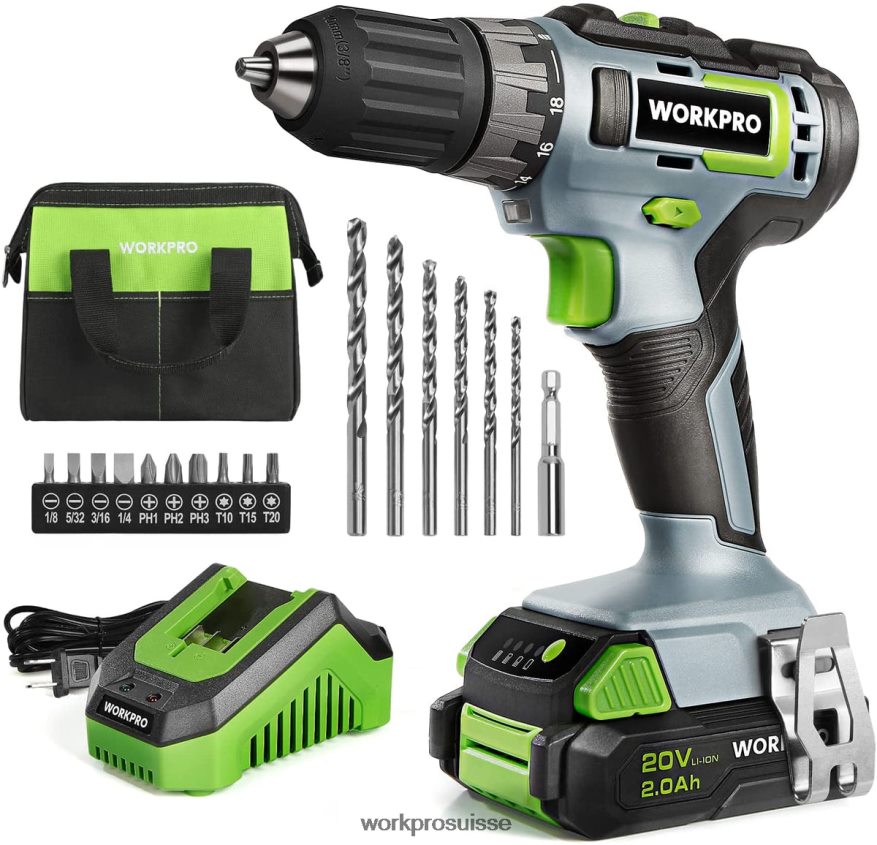 Kit perceuse-visseuse sans fil 20 V, batterie Li-ion 2,0 Ah, chargeur rapide 1 heure et sac de rangement 11 pouces inclus Z2LXTF176 vert WORKPRO outil