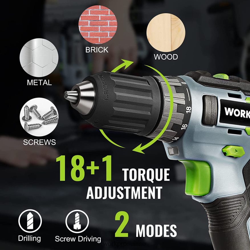Kit perceuse-visseuse sans fil 20 V, batterie Li-ion 2,0 Ah, chargeur rapide 1 heure et sac de rangement 11 pouces inclus Z2LXTF176 vert WORKPRO outil