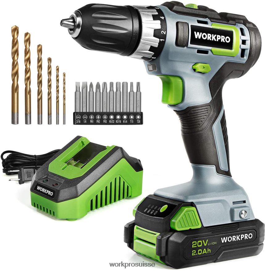 Kit perceuse/visseuse sans fil à vitesse variable 20 V, réglage de couple 18+2, batterie Li-ion 2,0 Ah et chargeur rapide 1 heure Z2LXTF172 morden WORKPRO outil