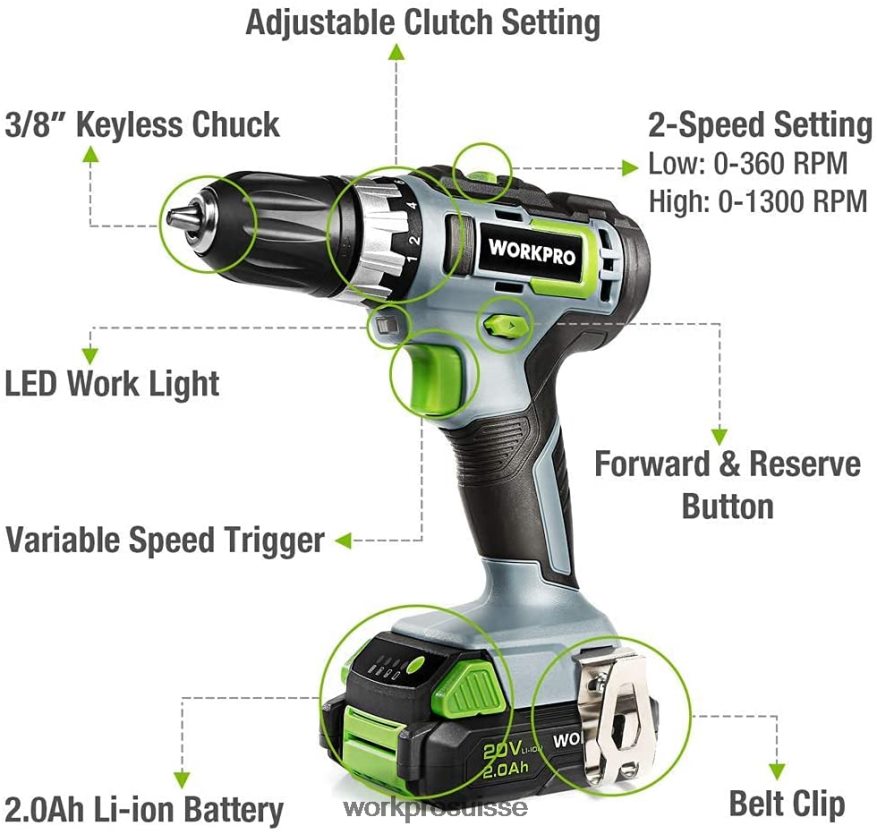 Kit perceuse/visseuse sans fil à vitesse variable 20 V, réglage de couple 18+2, batterie Li-ion 2,0 Ah et chargeur rapide 1 heure Z2LXTF172 morden WORKPRO outil