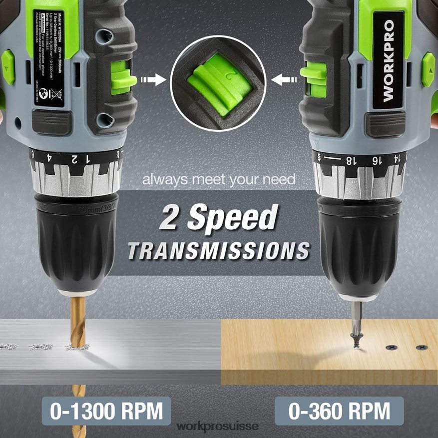 Kit perceuse/visseuse sans fil à vitesse variable 20 V, réglage de couple 18+2, batterie Li-ion 2,0 Ah et chargeur rapide 1 heure Z2LXTF172 morden WORKPRO outil