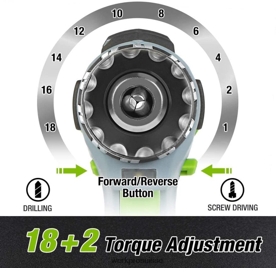 Kit perceuse/visseuse sans fil à vitesse variable 20 V, réglage de couple 18+2, batterie Li-ion 2,0 Ah et chargeur rapide 1 heure Z2LXTF172 morden WORKPRO outil
