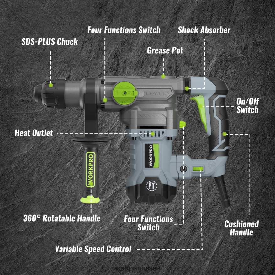 Perceuse à percussion rotative sds-plus premium de 12,5 ampères 1-1/4 pouces, version filaire robuste Z2LXTF179 utile WORKPRO outil