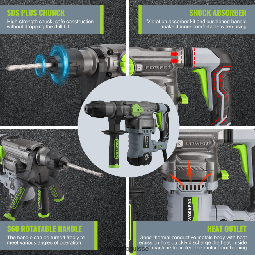 Perceuse à percussion rotative sds-plus premium de 12,5 ampères 1-1/4 pouces, version filaire robuste Z2LXTF179 utile WORKPRO outil