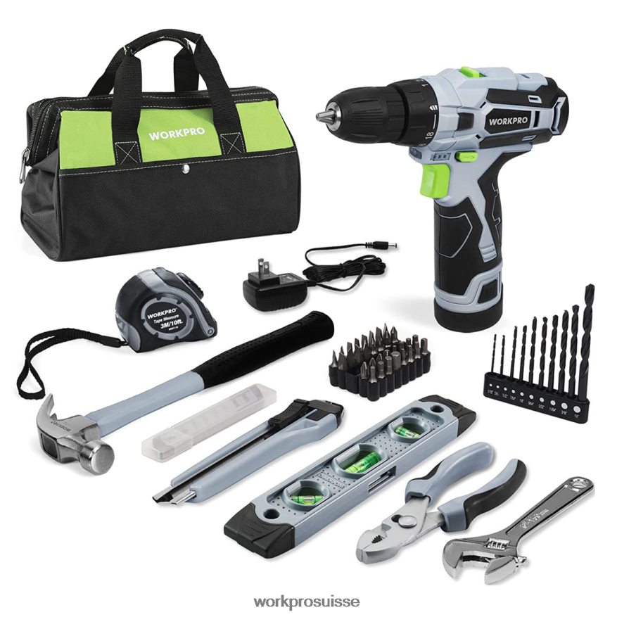 Perceuse sans fil 12 V et trousse d'outils domestiques de 61 pièces, sac de rangement de 14 pouces inclus Z2LXTF174 gris WORKPRO outil