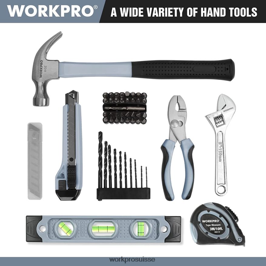 Perceuse sans fil 12 V et trousse d'outils domestiques de 61 pièces, sac de rangement de 14 pouces inclus Z2LXTF174 gris WORKPRO outil
