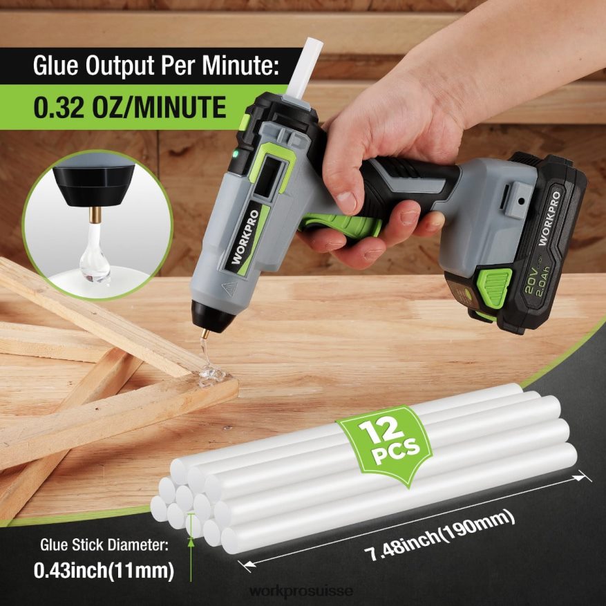 Kit pistolet à colle chaude sans fil avec 12 bâtons de colle, batterie li-ion 20 V 2,0 Ah Z2LXTF165 utile WORKPRO outil