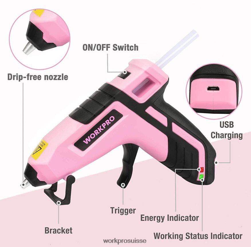 Mini pistolet à colle sans fil à préchauffage rapide avec 20 bâtons de colle premium Z2LXTF163 bleu/rose WORKPRO outil