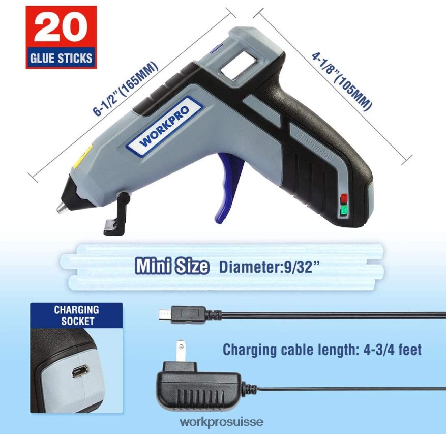 Mini pistolet à colle sans fil à préchauffage rapide avec 20 bâtons de colle premium Z2LXTF163 bleu/rose WORKPRO outil