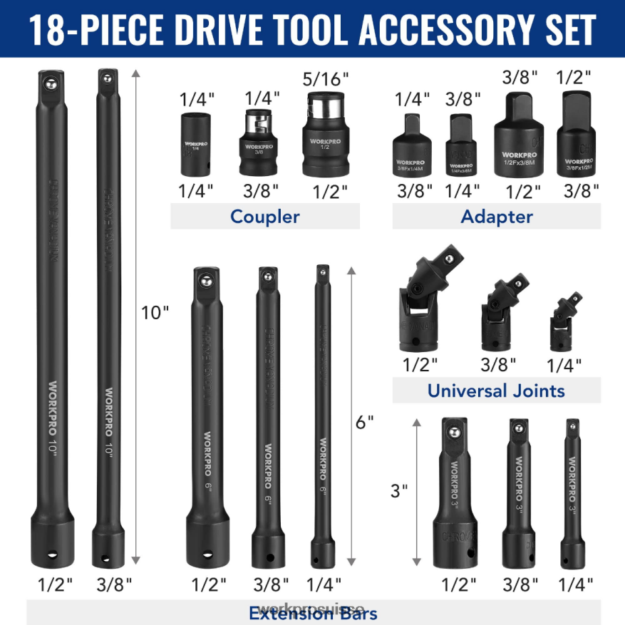 Ensemble d'accessoires pour outils d'entraînement 18 pièces Z2LXTF137 morden WORKPRO outil